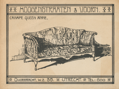 712812 Reclamekaart voor 'Canapé Queen Anne' van de firma Hoogenstraaten & Voorn, [tapijthandelaars], Oudegracht Wz. 35 ...